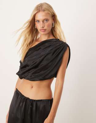 SNDYS SNDYS satin one shoulder ruched drape top co-ord in black