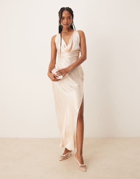 SNDYS satin one shoulder strappy back thigh split maxi dress in cream - view 1