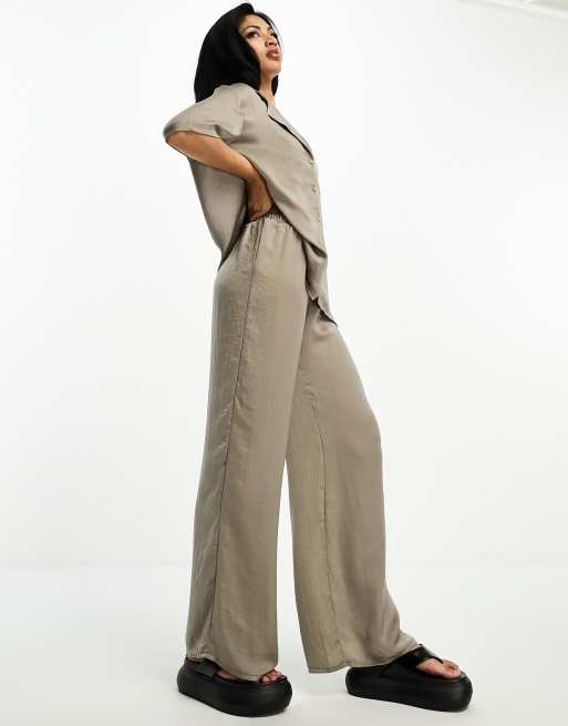 Olive Satin Blouse and Wide Leg Pants Set