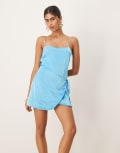 [SNDYS] SNDYS satin pearl strap detail wrap mini dress in blue XXL Ocean blue