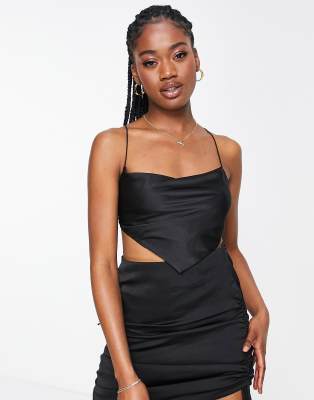 SNDYS satin scarf top co-ord in black