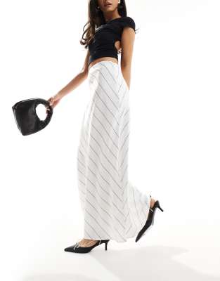 satin slip maxi skirt in white stripe