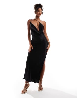 satin strappy back thigh slit maxi dress in black