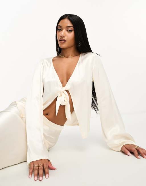 SNDYS satin tie front top co-ord in cream