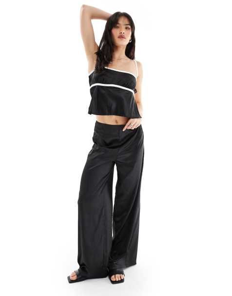 SNDYS satin wide leg trouser co-ord in black - view 1