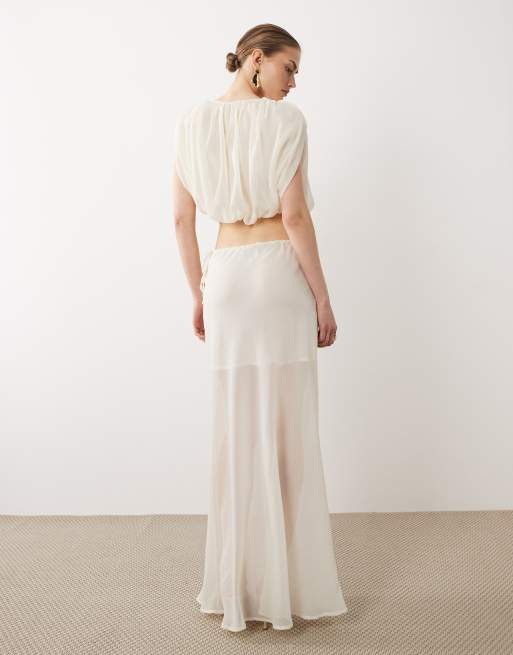 SNDYS – Seitlich gebundener Chiffon-Maxirock in Wollweiß mit kontrastierendem, durchscheinendem Detail, Kombiteil, 5 von 5