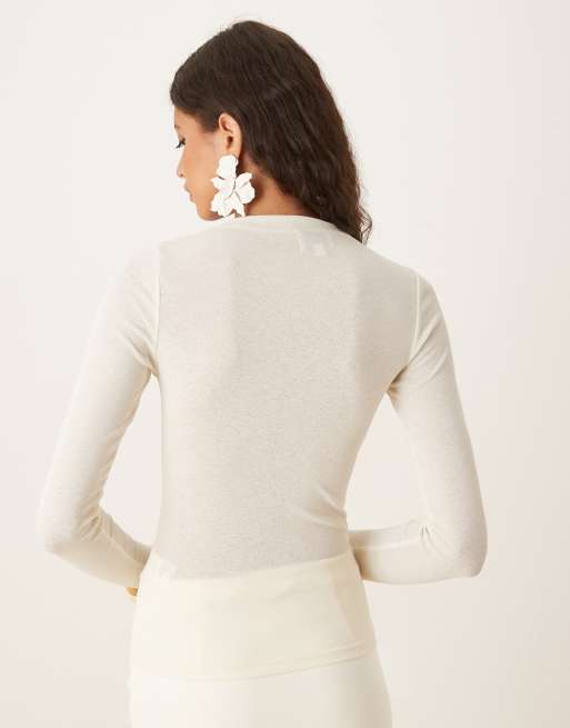 SNDYS semi sheer high neck long sleeve top in off white (part of a set), 4 of 4