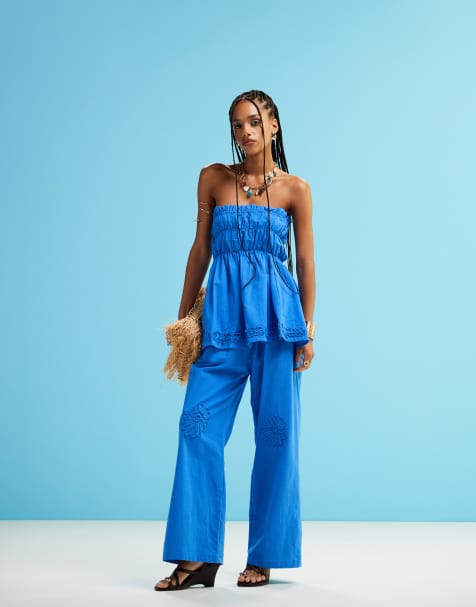 SNDYS - Set van poplin bandeautop met bloemen en plooien en broek met wijde pijpen in felblauw - view 1