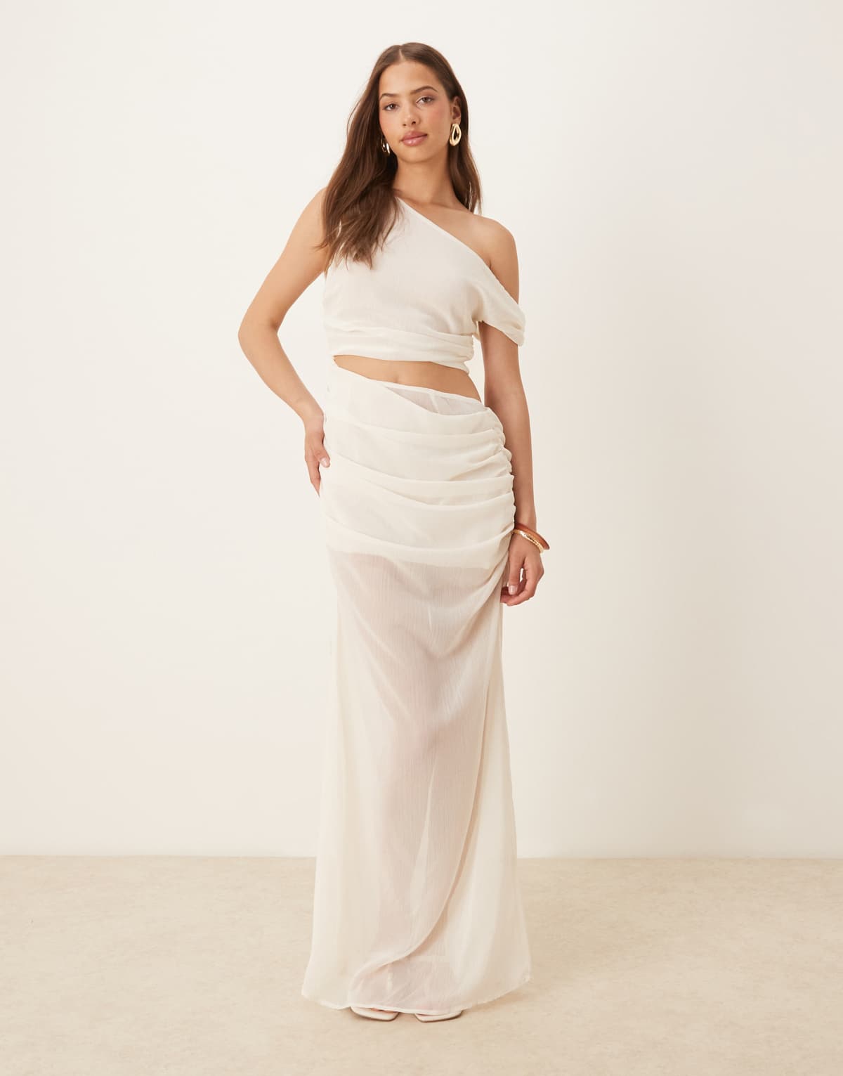 SNDYS sheer off shoulder cut out side maxi dress in off white
