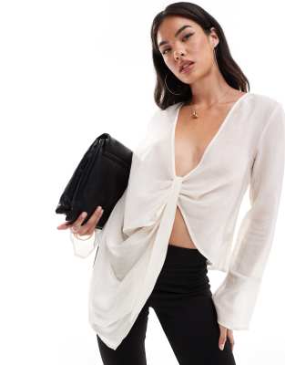 SNDYS SNDYS sheer plunge knot detail blouse in white