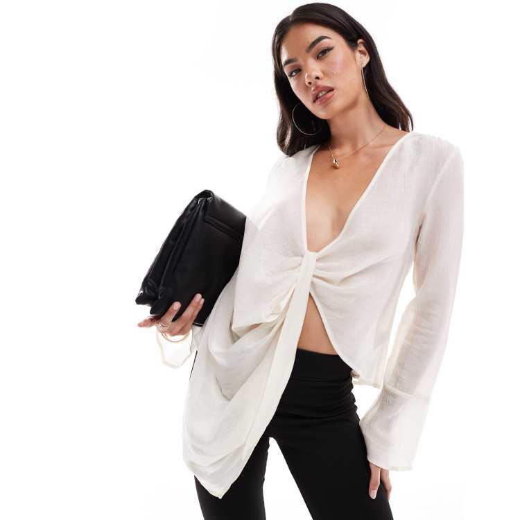 SNDYS sheer plunge knot detail blouse in white | ASOS