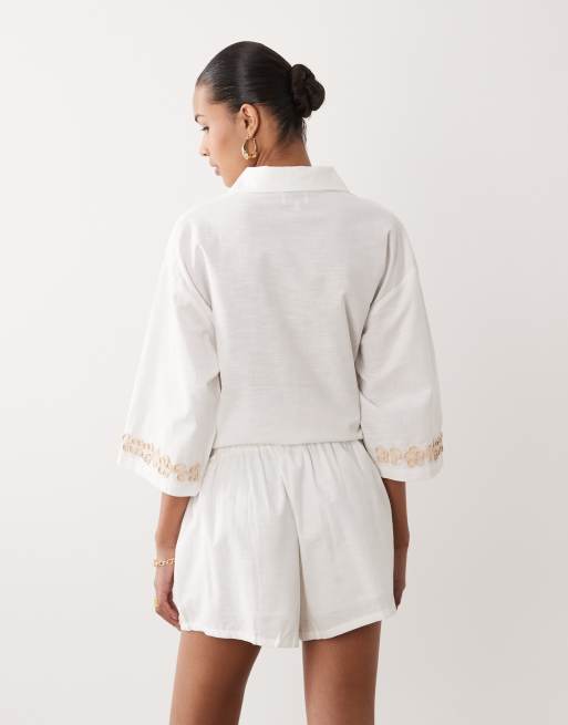 SNDYS - Short d'ensemble en lin et coton avec taille haute et appliqués fleuris - Blanc, 5 de 5
