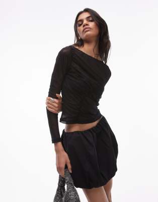 SNDYS SNDYS slash neck cropped mesh long sleeve top in black