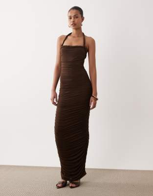 SNDYS slinky braid detail halterneck ruched maxi dress in brown