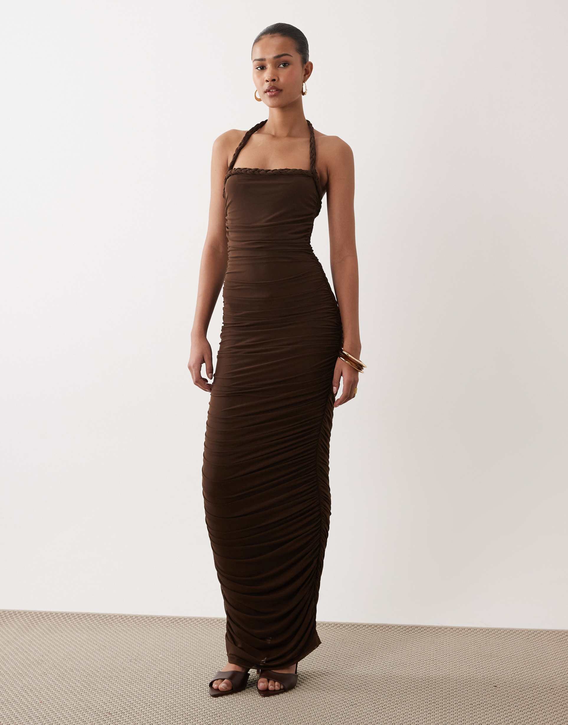 sndys slinky braided detailing halterneck ruched maxi dress in brown