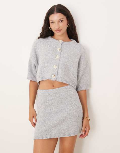 SNDYS soft knitted cropped button up cardigan co-ord in light grey
