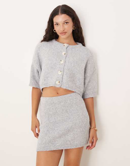 SNDYS soft knitted cropped button up cardigan in light grey (part of a set)