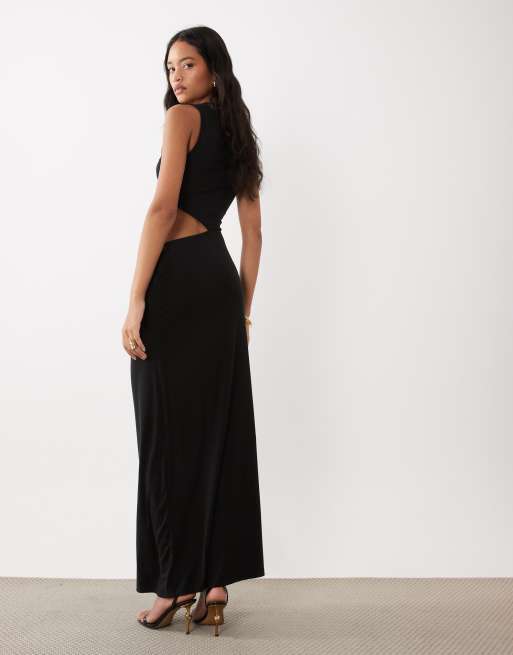 SNDYS straight neck cut-out side detail maxi dress in black, 4 of 4