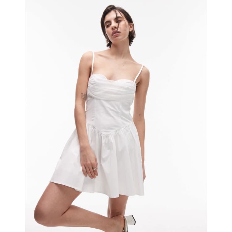 SNDYS strappy poplin drape mesh bust sweetheart neck mini dress in white |  ASOS