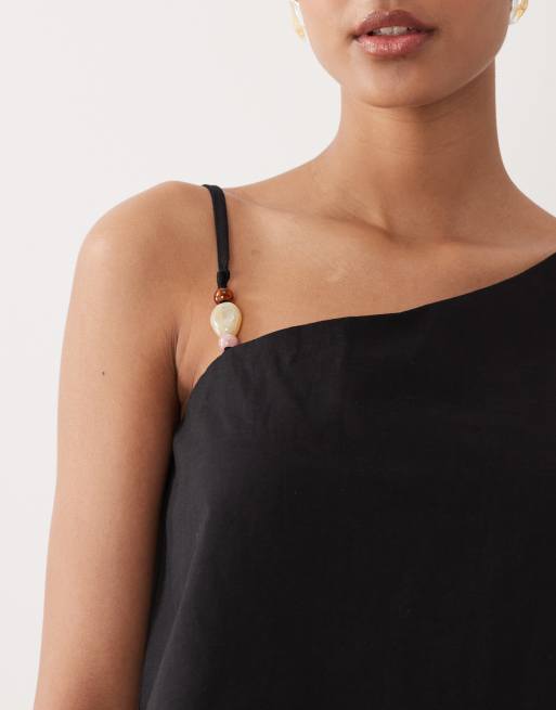 SNDYS – Svart topp i linnemix med asymmetriska pärlor, del av set, 4 av 4