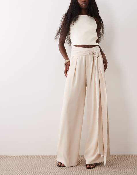 SNDYS tailored belted tie drape pleat detail wide leg pants in cream - view 1
