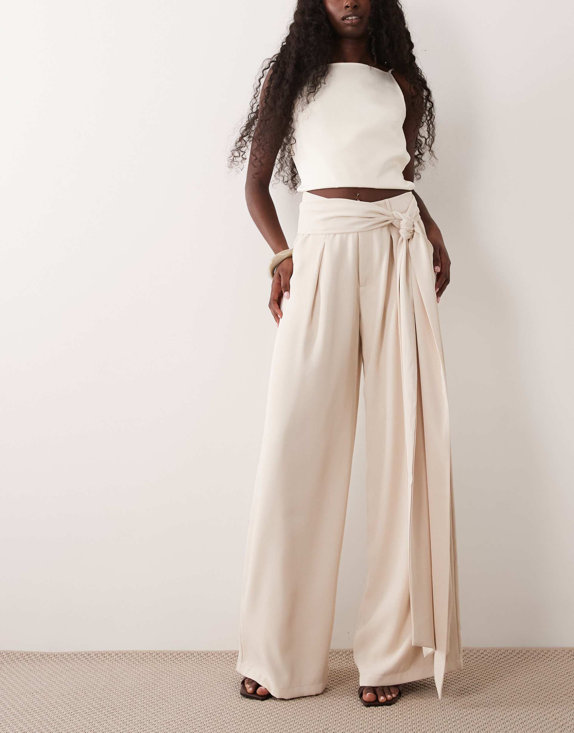 sndys tailored belted tie drape pleat detail wide leg pants in cream