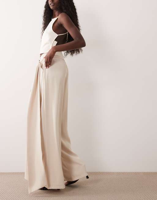 SNDYS tailored belted tie drape pleat detail wide leg pants in cream, 2 of 5