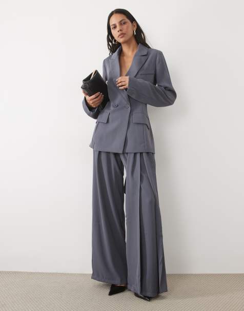 SNDYS tailored belted tie drape pleat detail wide leg trousers co-ord in slate - view 1