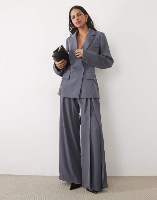 SNDYS tailored wrap belted drape detail blazer and wide leg trousers co-ord in slate, 3 of 3
