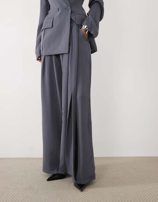 SNDYS tailored belted tie drape pleat detail wide leg trousers co-ord in slate, 2 of 5