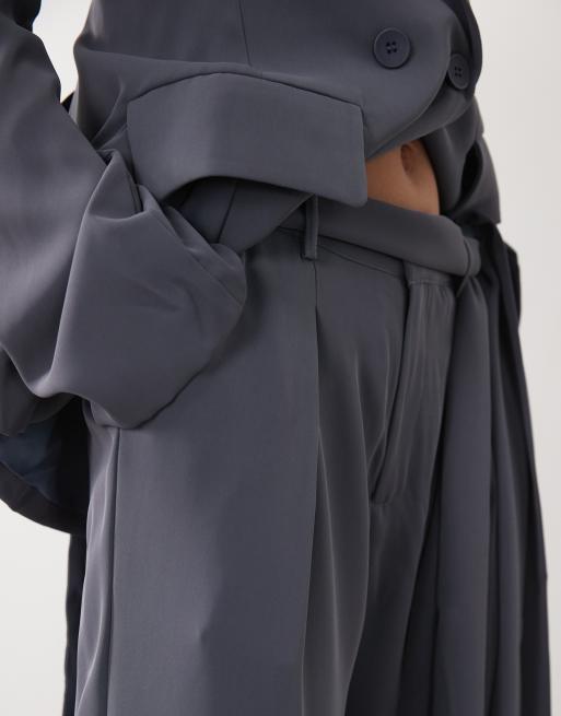 SNDYS tailored belted tie drape pleat detail wide leg trousers co-ord in slate, 4 of 5