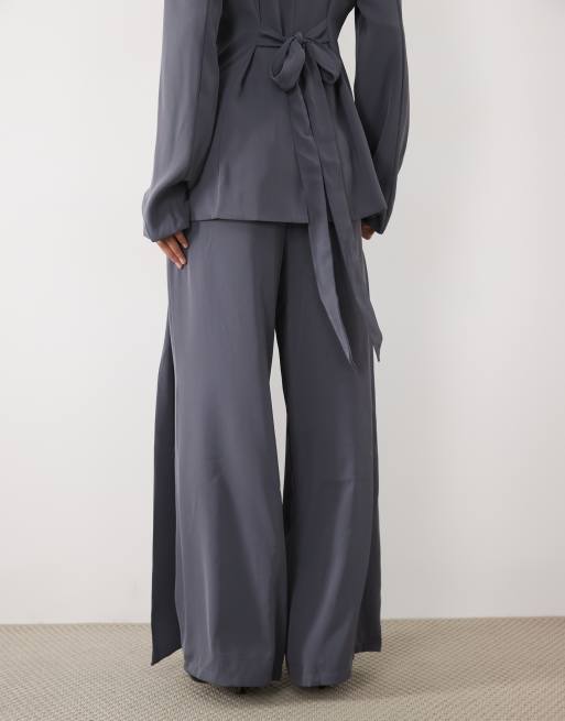 SNDYS tailored belted tie drape pleat detail wide leg trousers co-ord in slate, 5 of 5