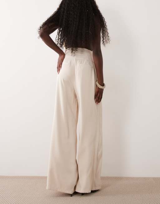SNDYS tailored belted tie drape pleat detail wide leg trousers in cream, 5 of 5