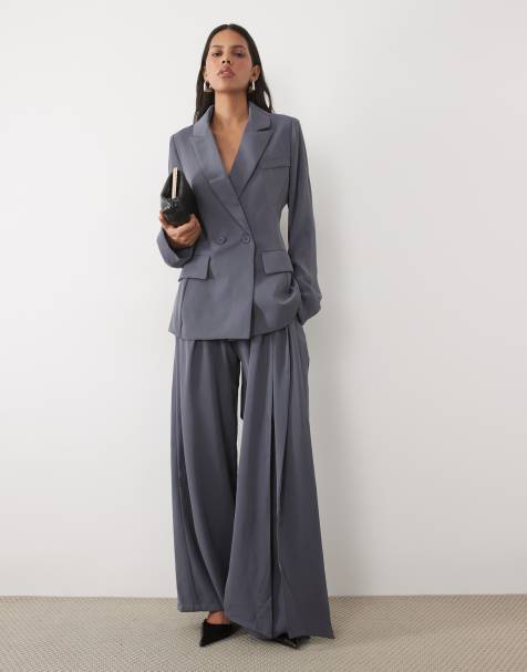 SNDYS tailored wrap belted drape detail blazer and wide leg pants set in slate - view 1
