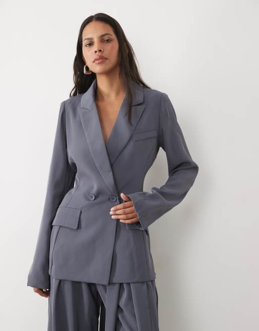 SNDYS tailored wrap belted drape detail blazer and wide leg trousers co-ord in slate, 2 of 3