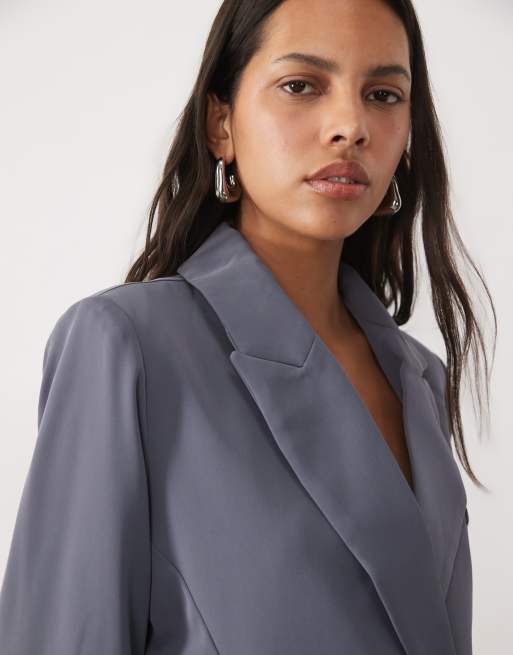 SNDYS tailored wrap belted drape detail blazer co-ord in slate, 3 of 4