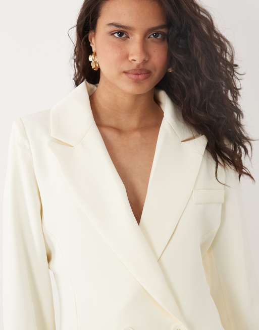 SNDYS tailored wrap belted drape detail mini blazer dress in cream, 4 of 4