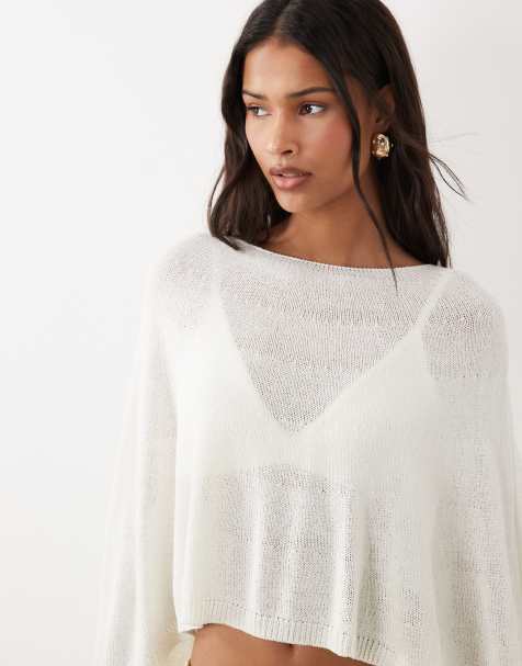SNDYS - Top a poncho in maglia bianco sporco con spalle scoperte - view 1