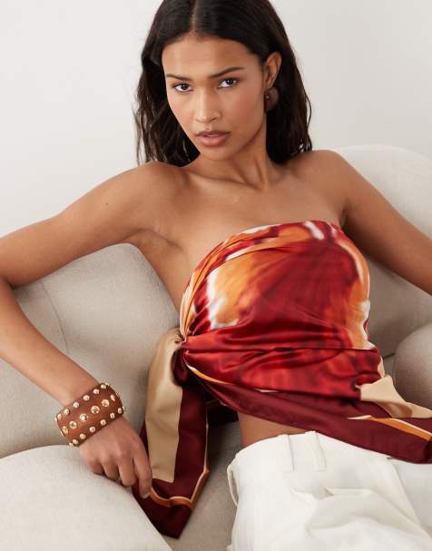 SNDYS - Top bandeau en satin à ourlet foulard - Orange fleuri - view 1