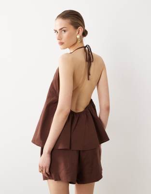 SNDYS - Top d'ensemble en lin mélangé avec encolure américaine et dos échancré - Chocolat-Brown