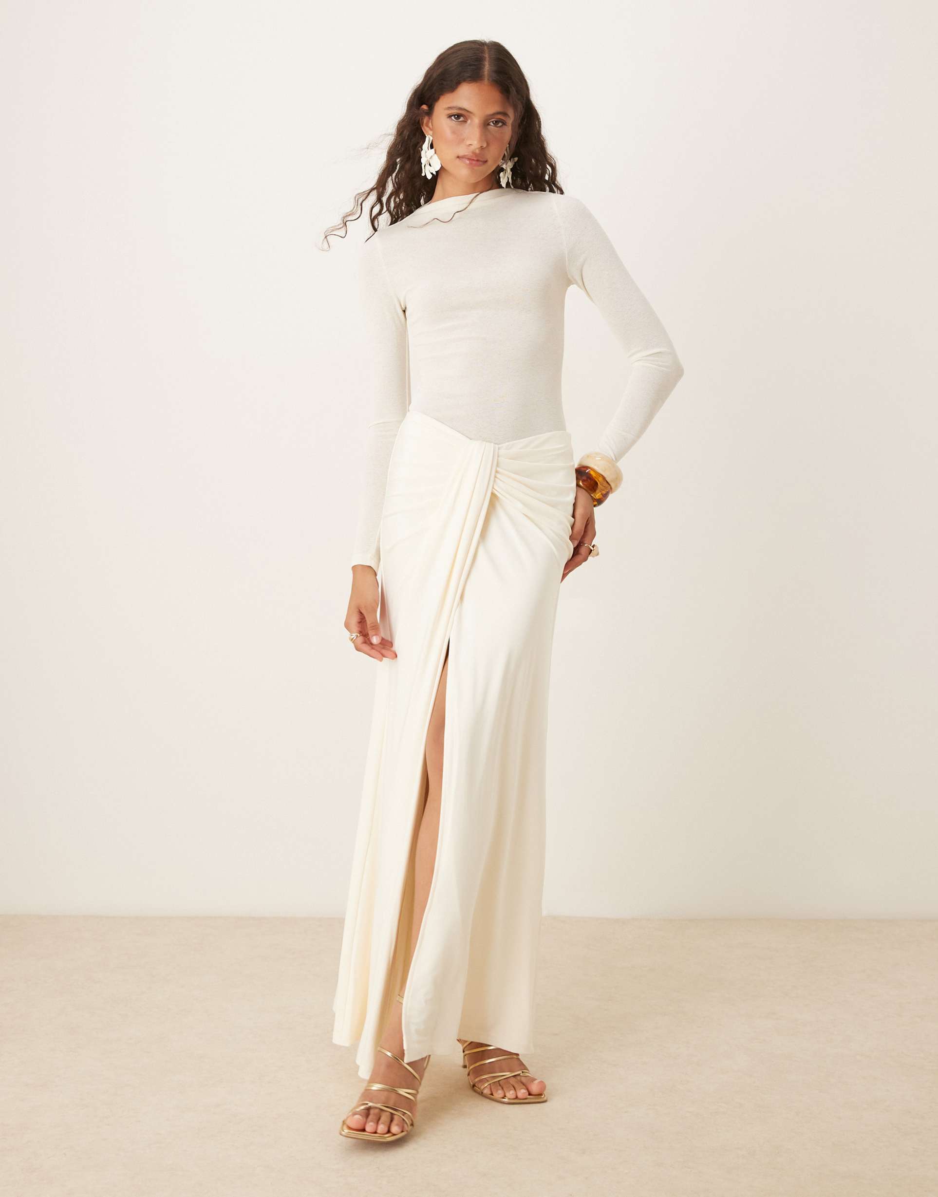 sndys twist front detail side slit maxi skirt in off white - part of a set