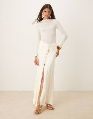 SNDYS SNDYS twist front detail side split maxi skirt co-ord in off white