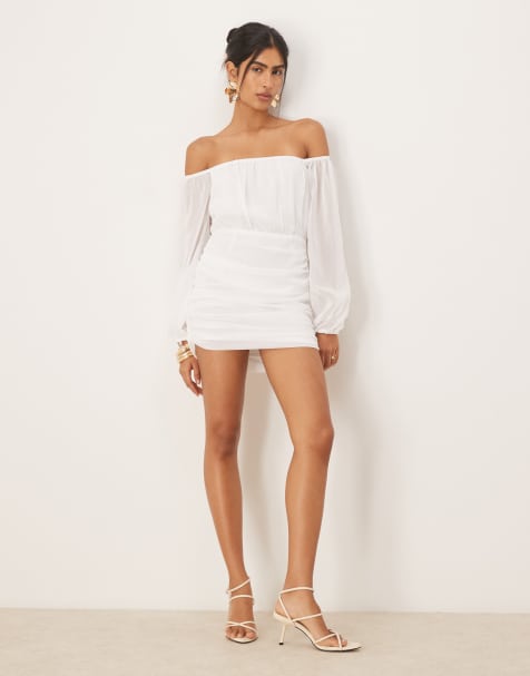 SNDYS - Vestito corto in rete bianco a maniche lunghe con scollo alla Bardot e arricciatura - view 1