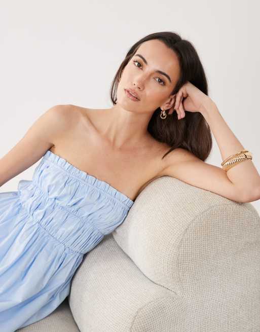 SNDYS - Vestito lungo a fascia in misto lino celeste con dettaglio arricciato, 2 di 4