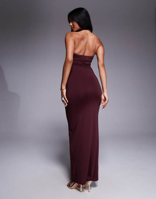 SNDYS - Vestito lungo allacciato al collo bordeaux con dettaglio intrecciato ed elementi in metallo, 2 di 4