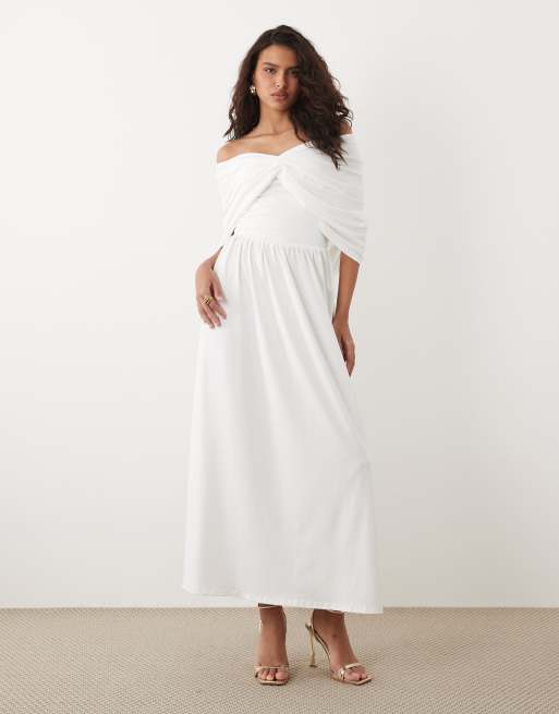 SNDYS - Vestito lungo bianco a fascia con vita scesa e dettagli drappeggiati, 1 di 4