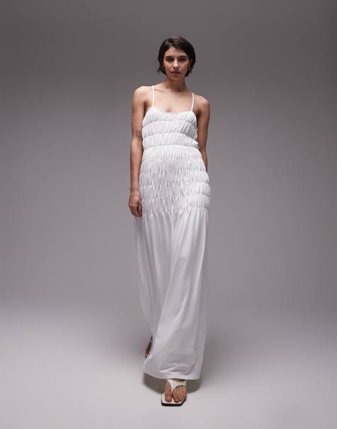 SNDYS - Vestito lungo con spalline sottili bianco arricciato con fondo allungato - view 1