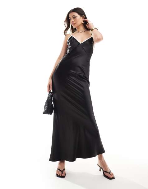 SNDYS - Vestito lungo con spalline sottili in raso nero con cuciture a contrasto e scollo profondo - view 1