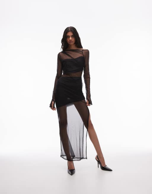 SNDYS - Vestito lungo monospalla asimmetrico in rete nero con spacco sulla coscia, 4 di 4