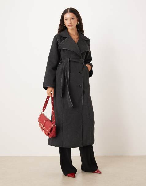 SNDYS wool look faux leather trim collared belted double breasted maxi coat in charcoal - view 1